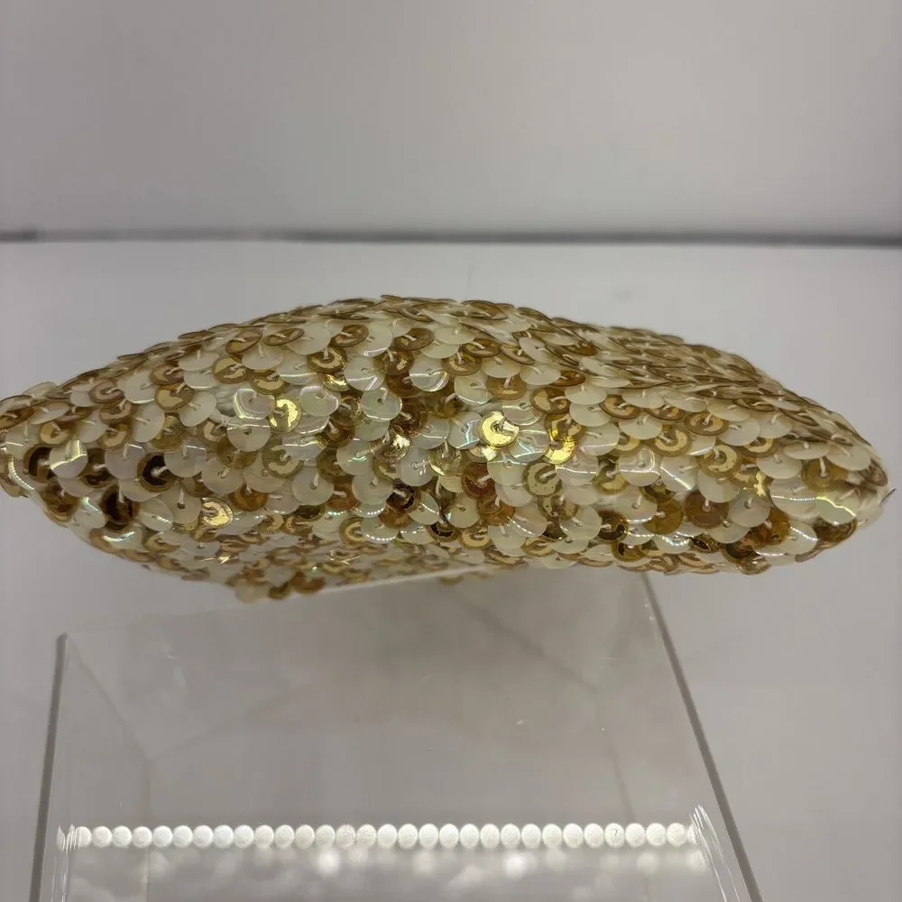 Vintage 1950s Sequin Evening Bag Gold-Iridescent‎ White Metal Frame Purse